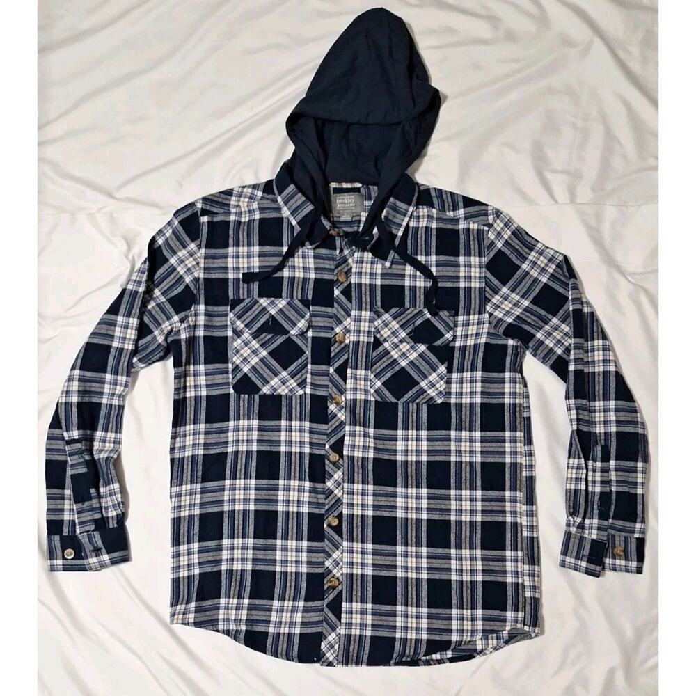 Berkley Jensen Hooded Plaid Flannel Button Shirt Men’s Size L Skater